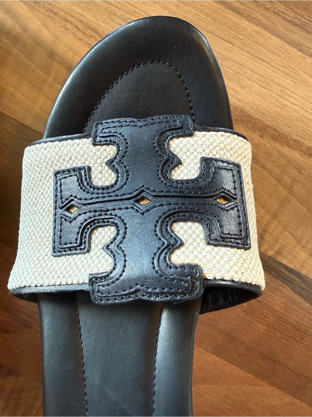 Tory Burch Ines Wedge Slide Sandals - Black & Natural, Size 7.5